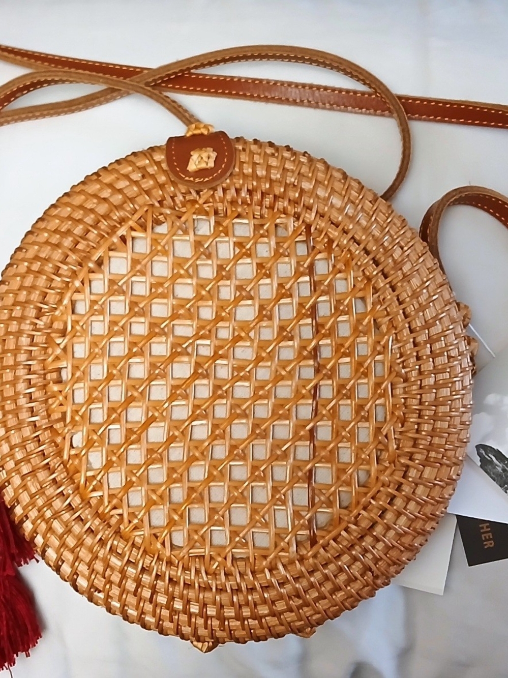 Round Woven Crossbody Bag in Tan Genuine Leather Strap